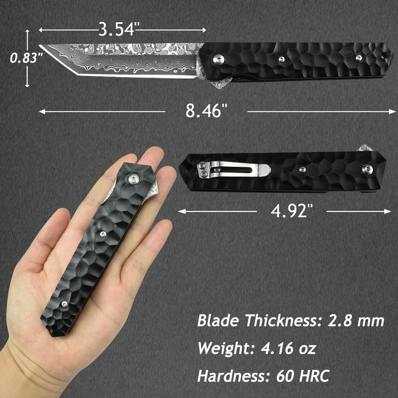AUBEY Damascus Pocket Knife, Tanto VG10 Core Damascus Steel Folding Knives with Ball Bearing, Aluminum Alloy Non-Slip Handle and Glass Breaker, EDC Damascus Knife for Men Women (Black) - Image 3